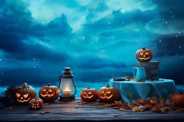 Foto malvagie zucche di halloween con un sorriso nel cimitero e il cielo notturno con la luna ai generativa