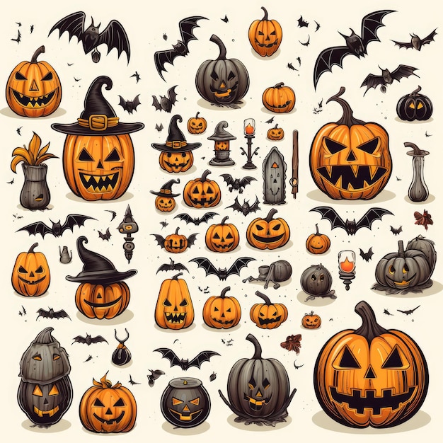 Halloween Extravaganza A Whimsical Doodle Illustration Set of Pumpkins Witches Bats on a White B