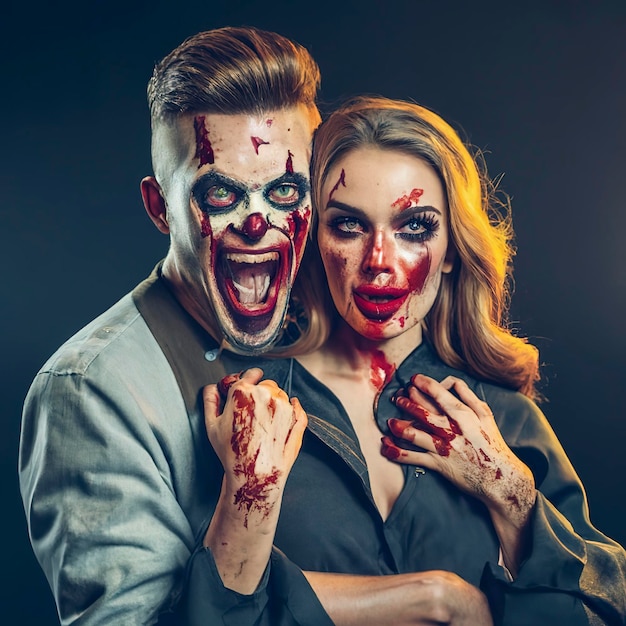 Halloween family happy couple in halloween costume and makeup bloody theme the crazy maniak faces