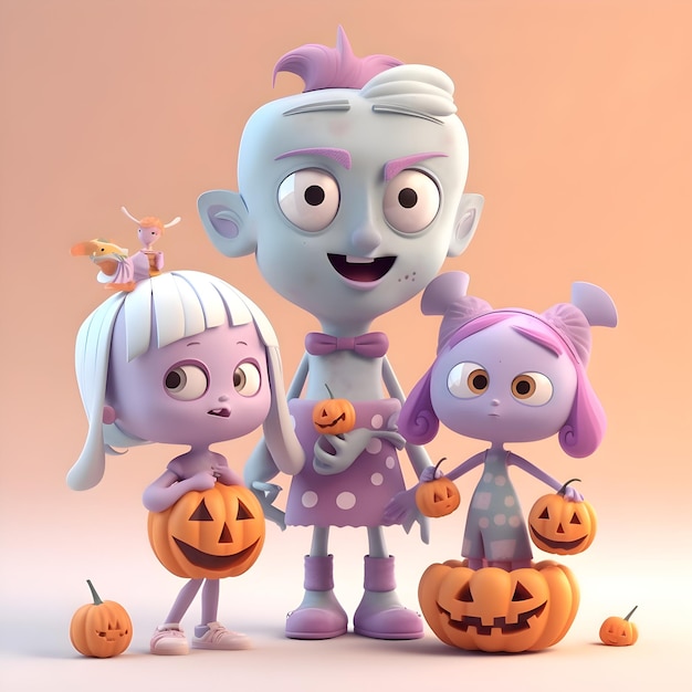 Halloween family with pumpkins and ghosts 3D Illustration