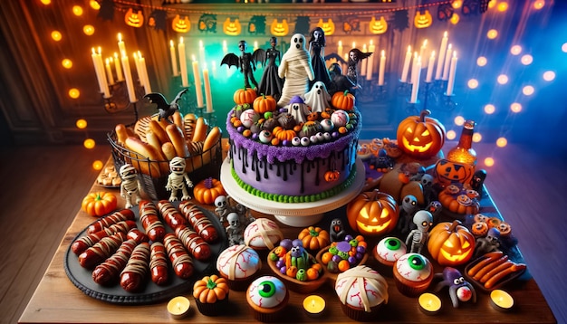 Halloween feest een spectaculaire tentoonstelling van thematische lekkernijen en angstaanjagend decor