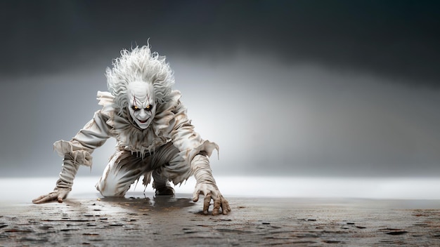 Halloween feest Malevolent clown squatting op de vloer Generatieve AI