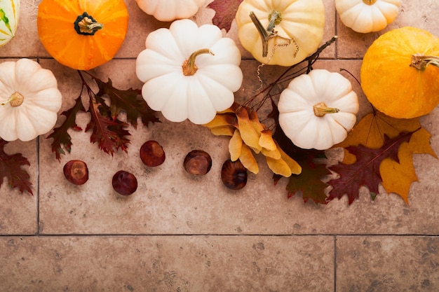 Halloween feestelijke herfst achtergrond herfst decor van pompoenen bessen esdoorn bladeren en kastanjes op oude rustieke stenen tegels achtergronden Concept van Thanksgiving day Halloween bovenaanzicht kopie ruimte