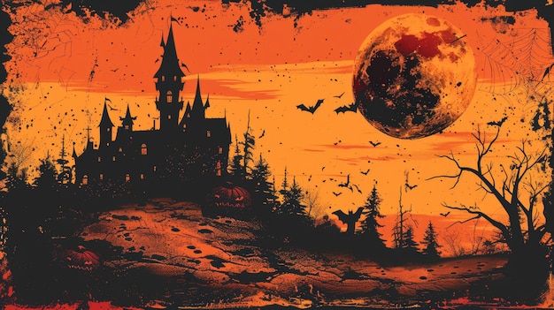 Halloween feestje pompoen spook kasteel zwarte kat maan vleermuis bezem spin web moderne illustratie set