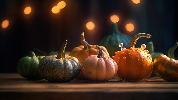 Halloween-feestlantaarns en slingers op een tafel in een mistig bos Skeletten en pompoenen Generatieve AI