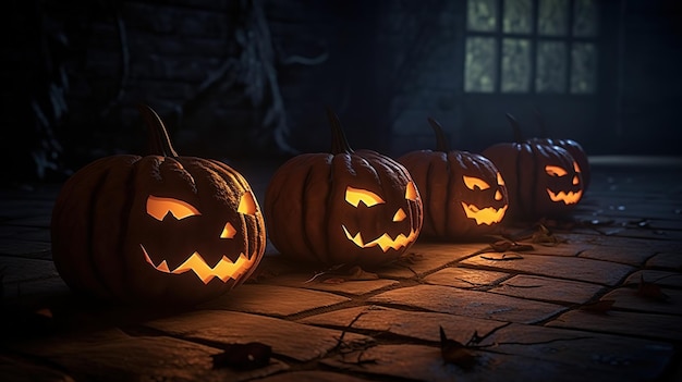 Halloween-feestlantaarns en slingers op een tafel in een mistig bos Skeletten en pompoenen Generatieve AI