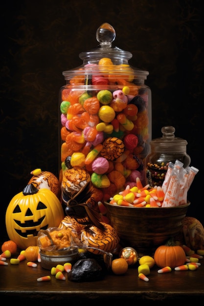 Halloween-feesttafel met pompoenen en snoep