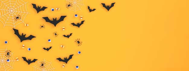 Halloween festival banner background on orange background bats eyeballs spiders ghost gossamer tooth