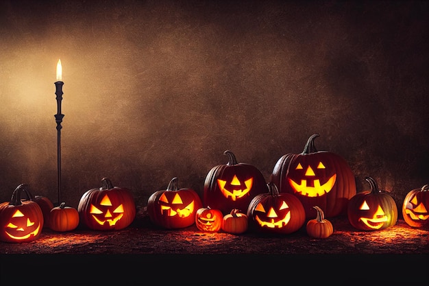 Halloween background wallpaper with jack o lantern scary pumpkins on bokeh  candle light Stock Illustration  Adobe Stock