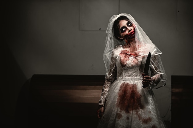 Halloween festival conceptAsian woman makeup ghost faceBride zombie charactorHorror movie wallpaper or poster