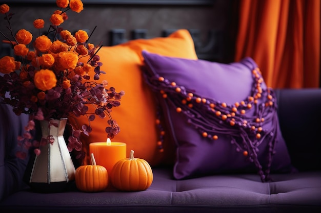 Halloween festive autumnal decor for party Purple and orange colors Celebration concept