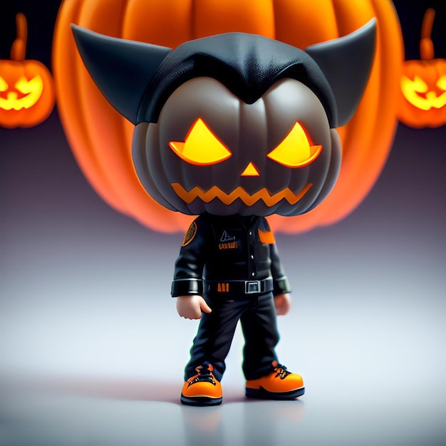 A halloween figure of a person standing in front of pumpkins.