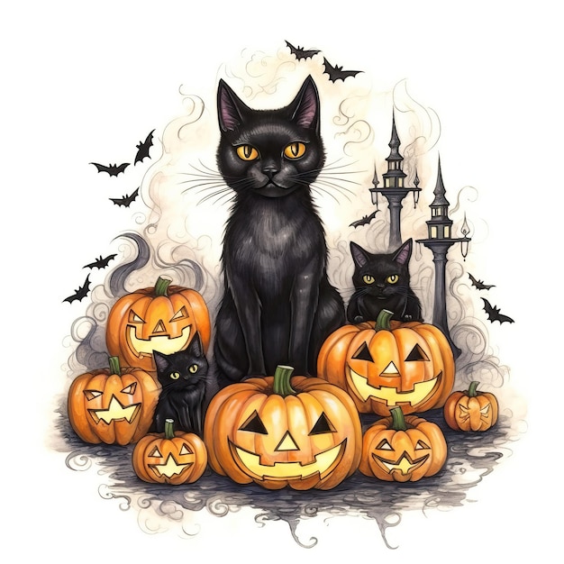 Halloween fijne marker en aquarelprint met katten, hoge kwaliteit AI-gegenereerde afbeelding