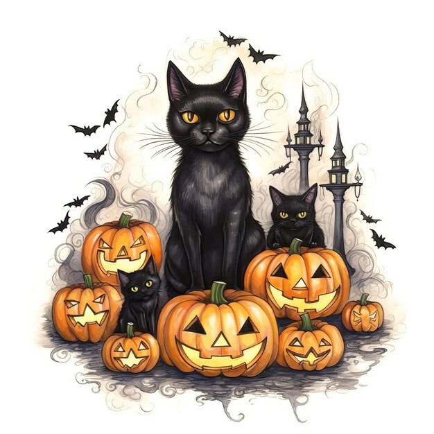 Хэллоуин мелкий маркер и акварельный принт с кошками, высококачественное изображение, созданное AI