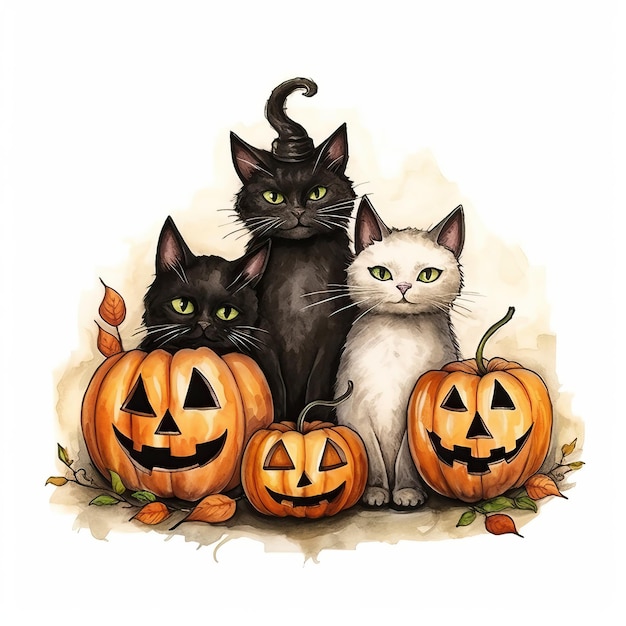 Halloween fine marker and watercolor print with cats high quality ai generated image