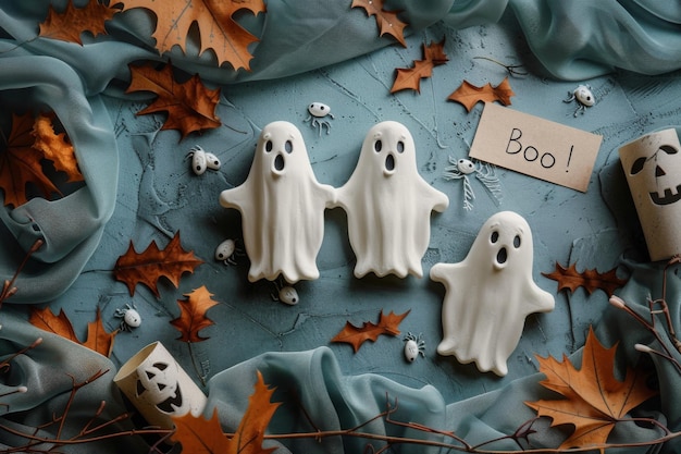 Halloween Flat Lay with Ghost Figurines and Haunted House