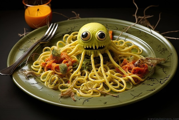 Foto idee di cibo per halloween su un piatto con insalate di spaghetti e pane