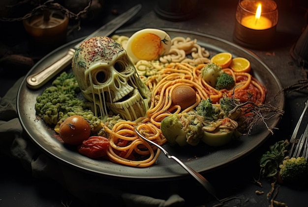 Halloween food ideas on a plate with spaghetti salads and bread