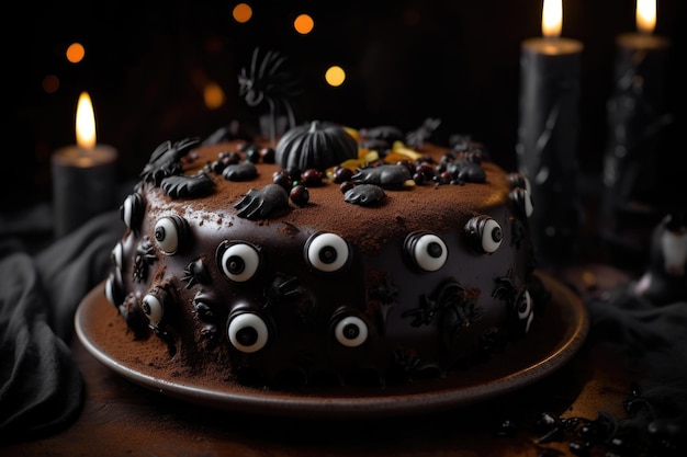 Halloween food A spookythemed Halloween cake decorated with black frosting eerie fondant bats