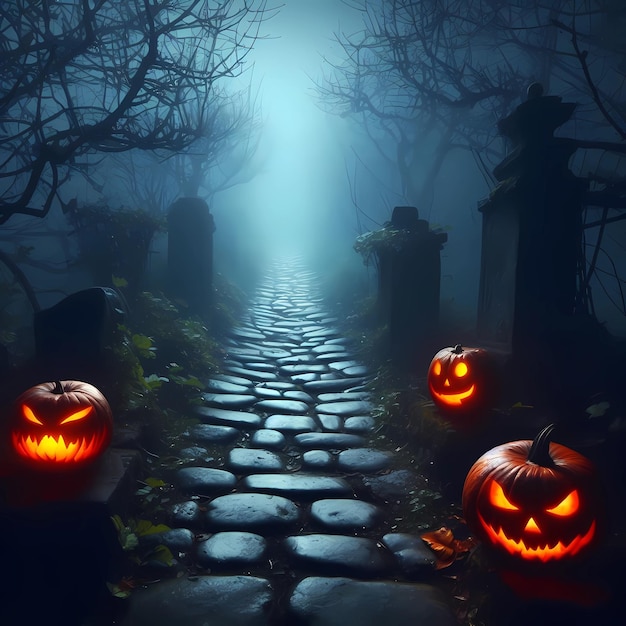 Halloween forest path with pumpkins_1