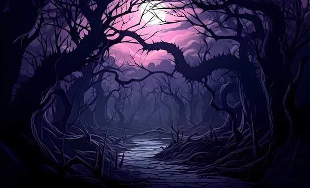 Сцена в лесу Хэллоуина Призрачный кошмар Хэллоуинский фон мультфильмный ужас лес Генеративный ИИ