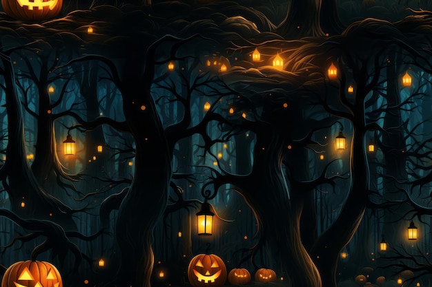 halloween forest with pumpkins and lanterns