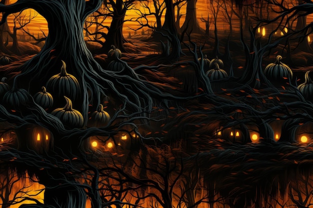 a halloween forest with pumpkins and trees