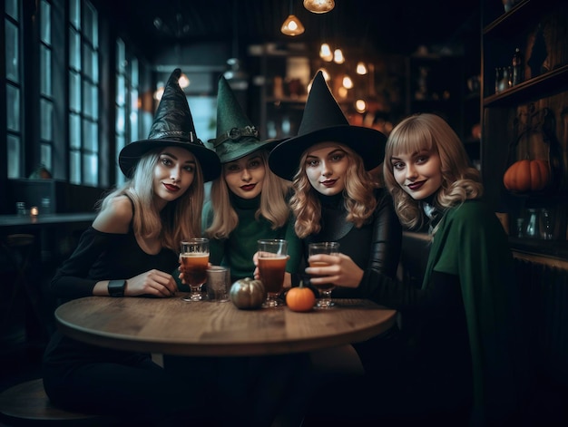 Halloween foto met vrouwen die heksenhoeden dragen en dranken vasthouden