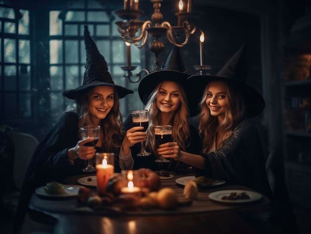 Halloween foto met vrouwen die heksenhoeden dragen en dranken vasthouden
