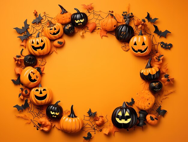 Halloween frame flat lay modern pumpkins jack o lantern spiders bats frame on background with space for text season's greeting card happy halloween