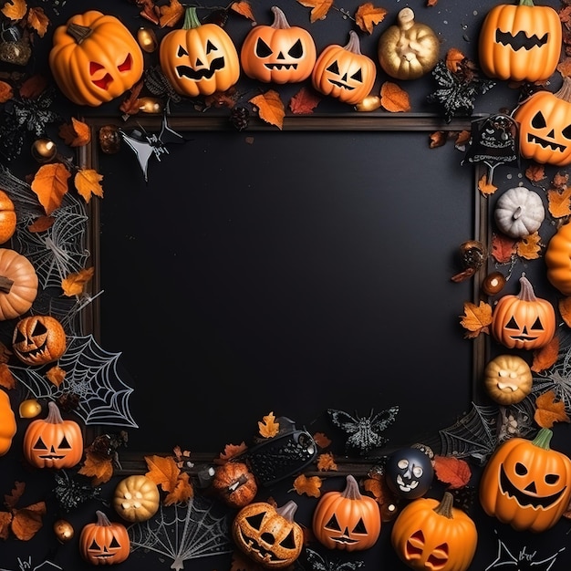 Halloween frame flat lay Modern pumpkins jack o lantern spiders bats frame on background with space for text Season's greeting card Happy Halloween