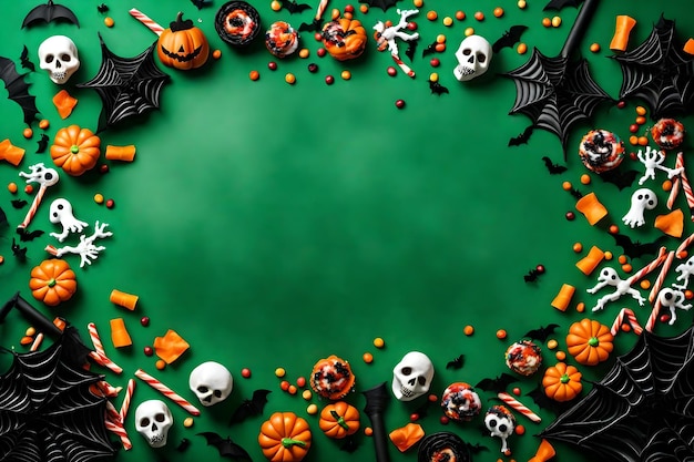 Halloween-frame van verspreid snoep en decor Top-down uitzicht over een groene achtergrond met kopieerruimte