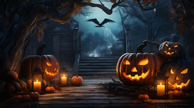 Halloween frame with illuminated pumpkin lanterns