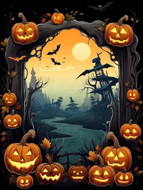 halloween frame with pumpkins Ai generated high resolution Halloween illustration on white background