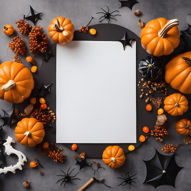 Halloween frame with pumpkins bats and spiders on grey background