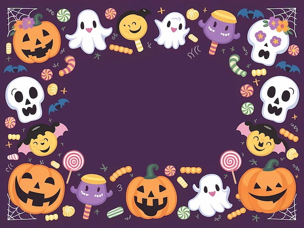 Halloween Frame with Pumpkins Skulls and Full Moon