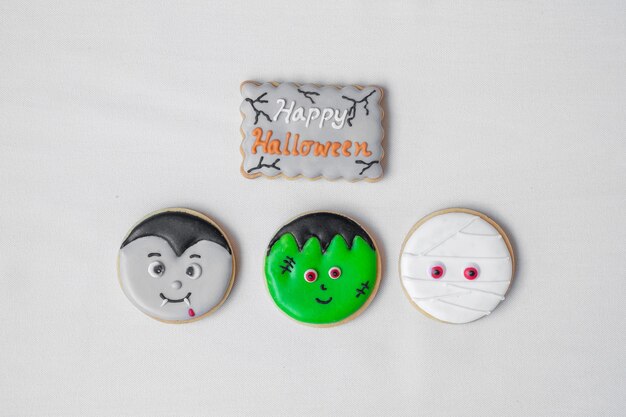 Halloween funny Cookies set on white background. Trick or Threat, Happy Halloween, Hello October, fall autumn, Festive, party and holiday concept