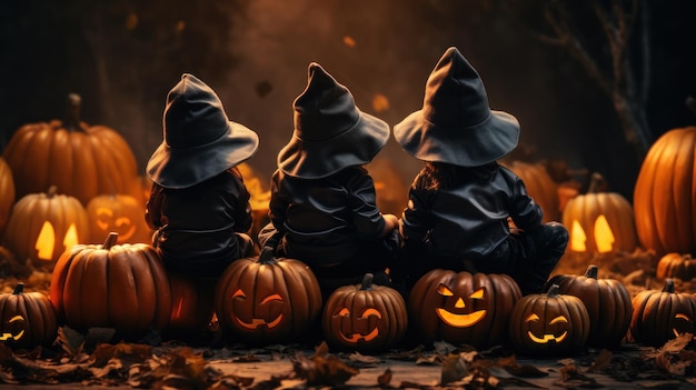 Halloween Funny kids in witch costumes Children and pumpkins in a spooky night forest mysterious