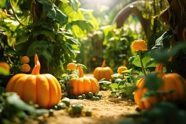 Halloween gardening in american garden with pumpkins generative ai