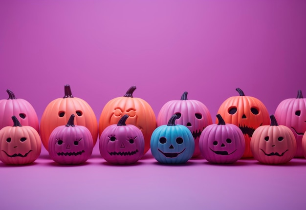 Halloween gesneden pompoenen in neonkleuren Futuristische leuke kinderen seizoensgebonden achtergrond AI gegenereerde afbeelding