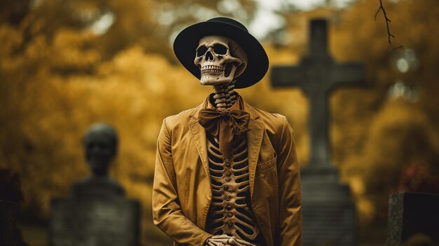 Halloween Ghost Avatar in a suit on a graveyard thinking Cemetery Horror spooky scary background
