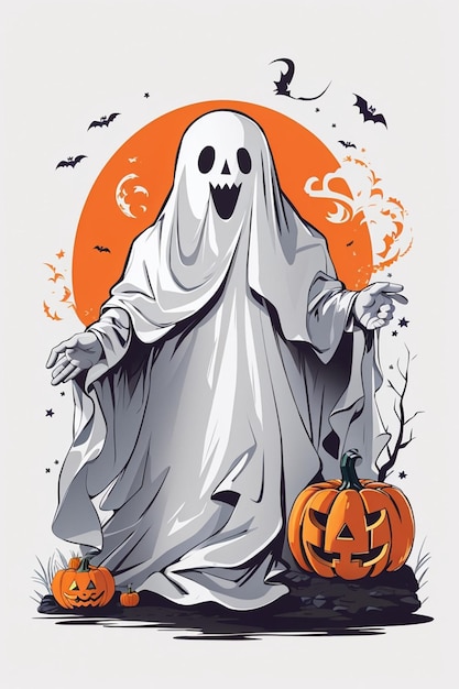 Halloween ghost cartoon with pumpkin isolated on white background