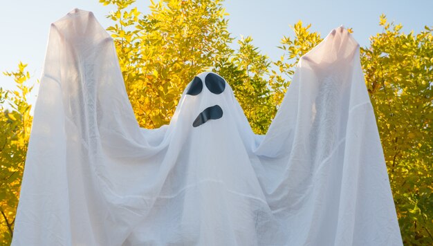 Halloween ghost dancing in the autumn yellow forest waving his hands