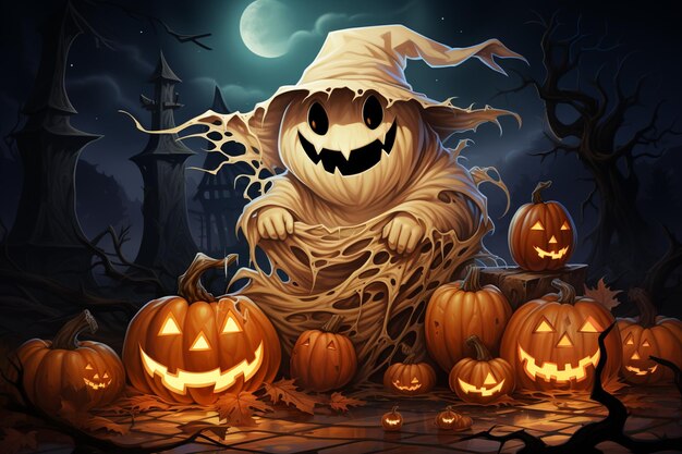 A halloween ghost is in the middle of pumpkins