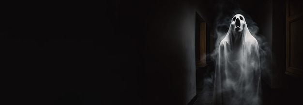 Halloween ghost in spooky empty house dark mysterious background AI generated