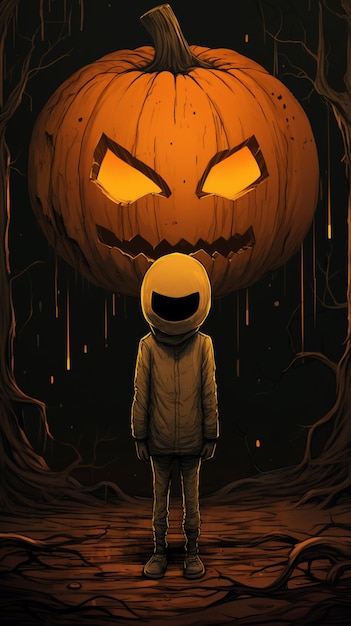 Halloween ghost with scary pumpkin head