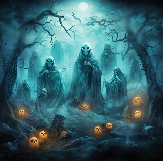 Halloween ghosts in the fog halloween tree forest haunt