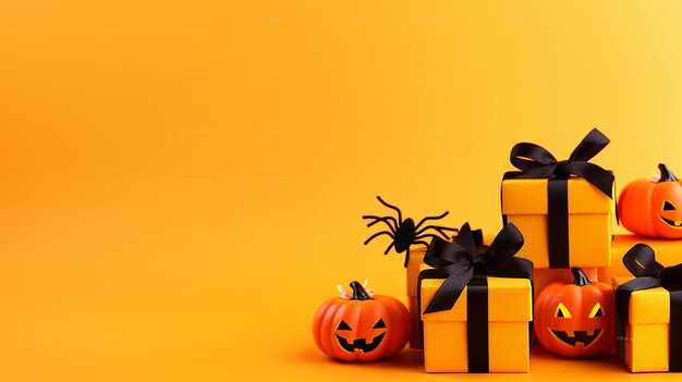 Halloween gift box copy space with halloween item isolated on yellow orange background
