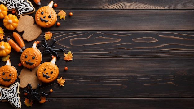 Halloween gingerbread cookies with candies on wooden