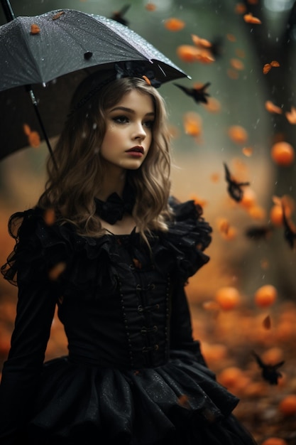 Halloween A girl in the forest in a Gothic costume